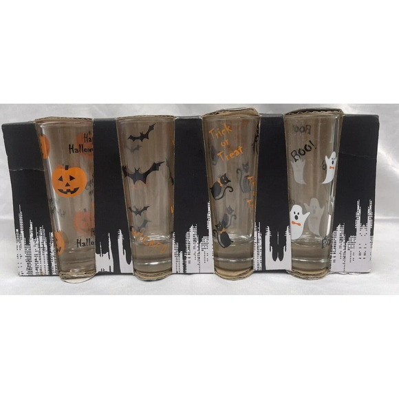 Noir Night Other - Nor Nights Halloween Shot Glasses Pumpkin Ghost Black Cat Bats Set of 4